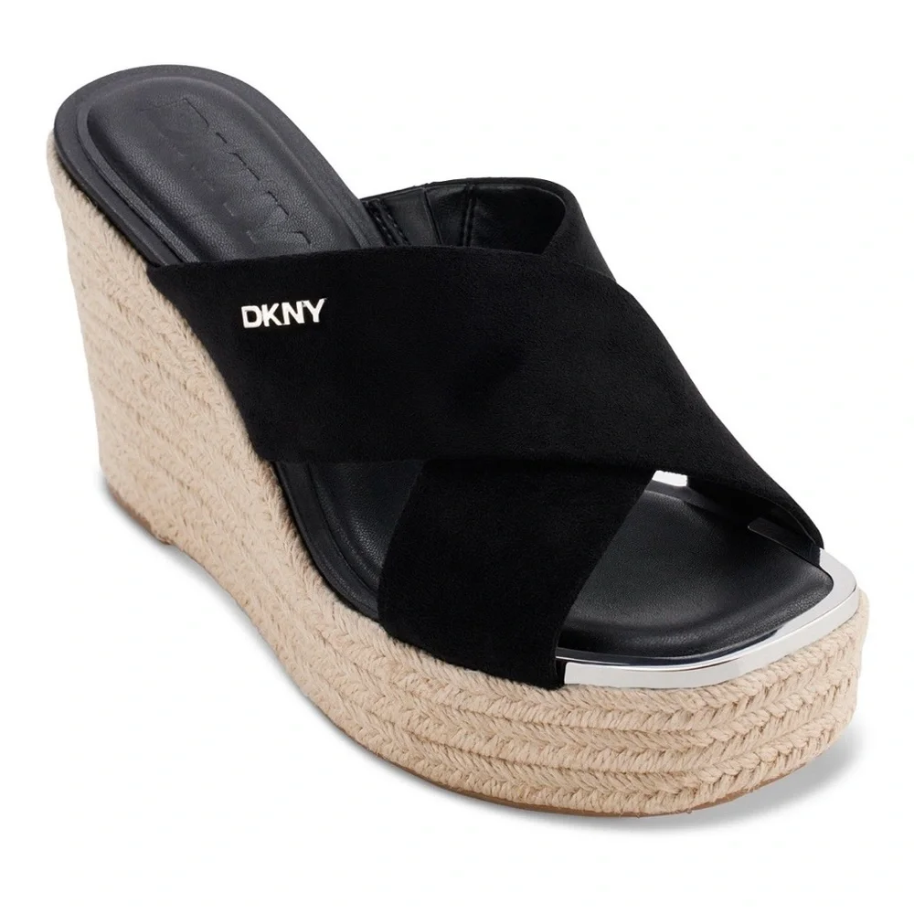 DKNY Black Suede Crisscross Espadrille Wedge Sandals